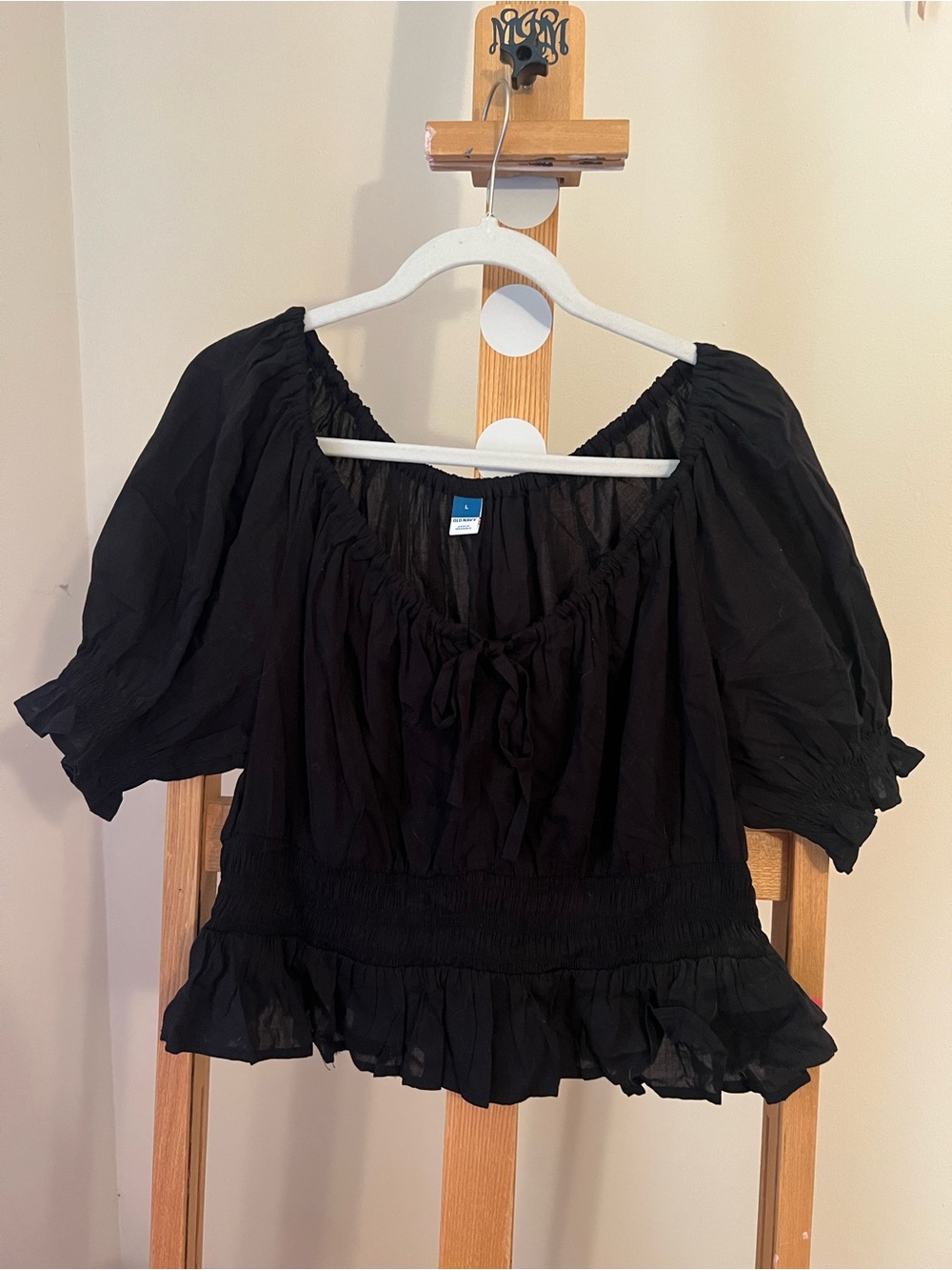 Old Navy Black Peasant Blouse with Ruffled Hem